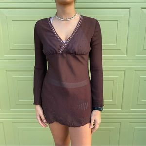 J Marco Womens Sheen Brown Beaded Mesh Long Sleeve Lightweight Shirt Size XS